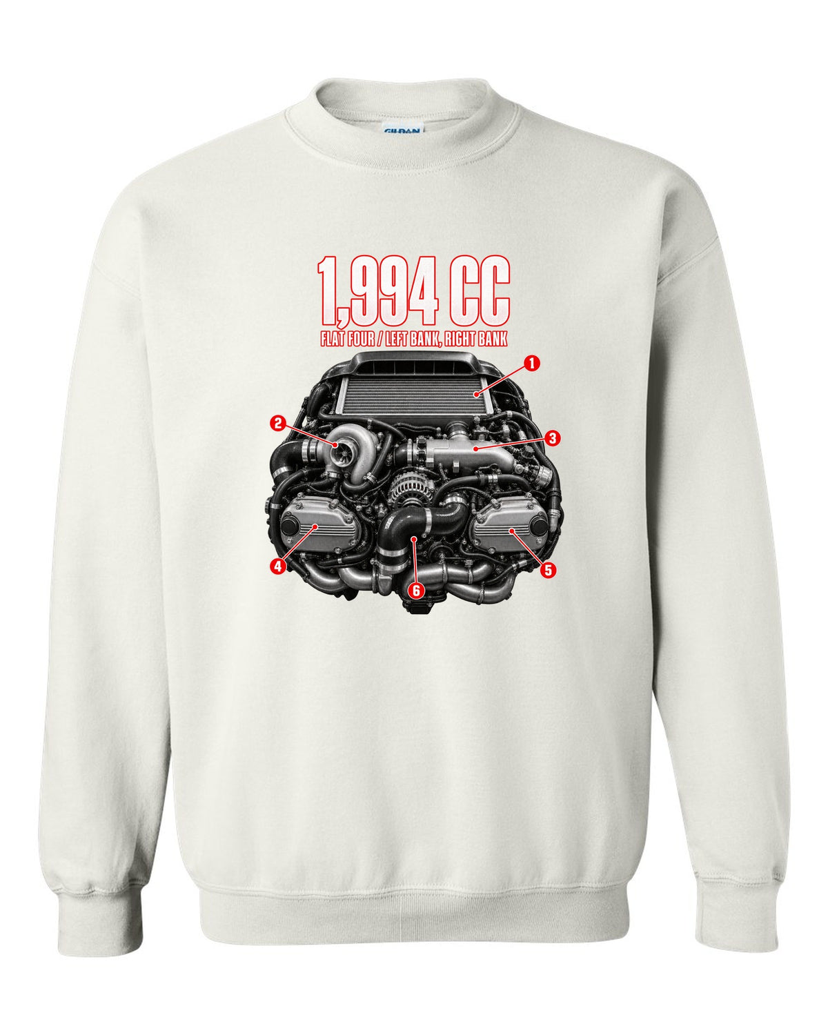 Subaru EJ20K flat-four boxer engine anatomy illustration from a GC8 WRX white crewneck front view with the design