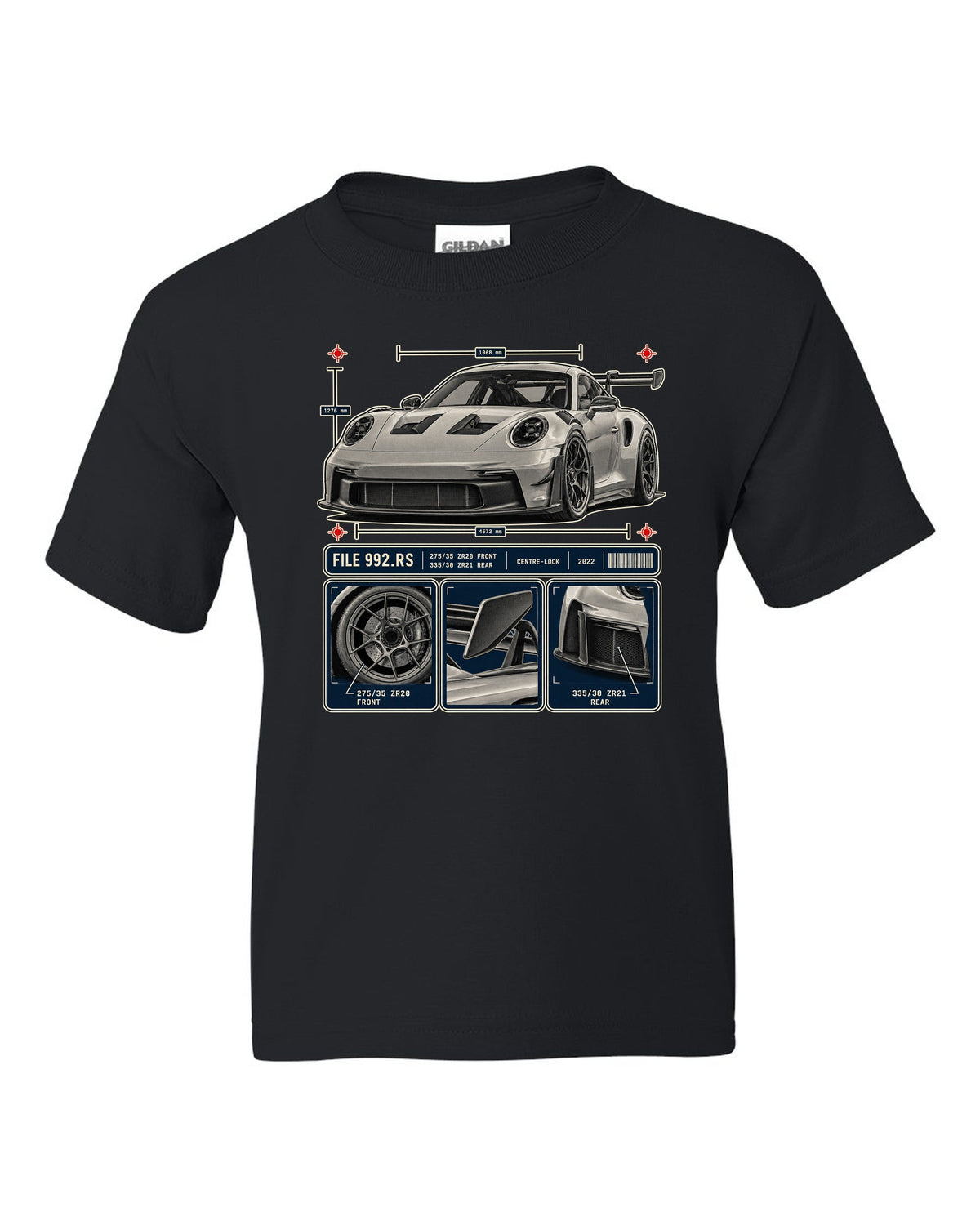 Porsche 992 GT3 RS dossier panels print design black kids tee front view with the design