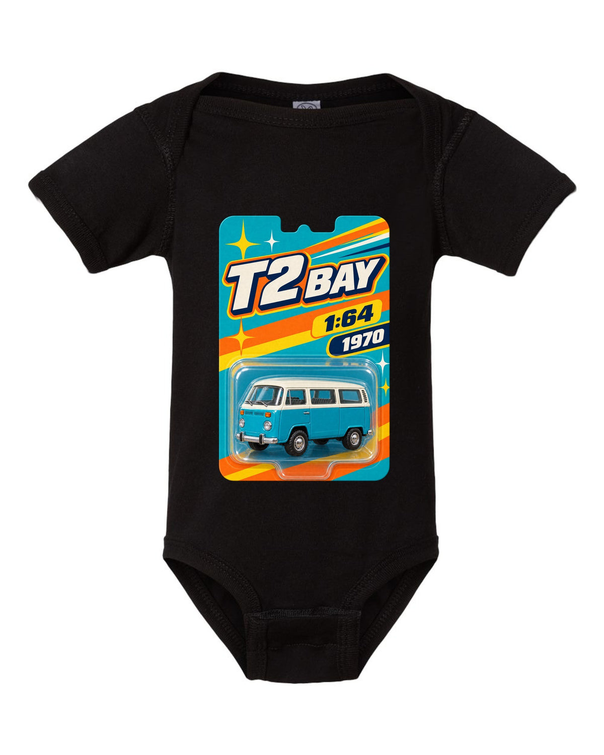 Toy-card blister pack style print of a 1970 VW Bus T2 bay window at 1:64 black baby onesie front view with the design