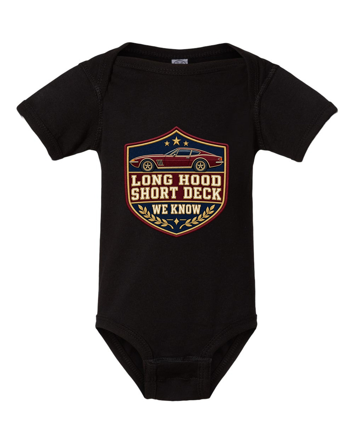 Embroidery varsity crest print for a Hyundai Genesis Coupe BK2 with long hood short deck text black baby onesie front view with the design