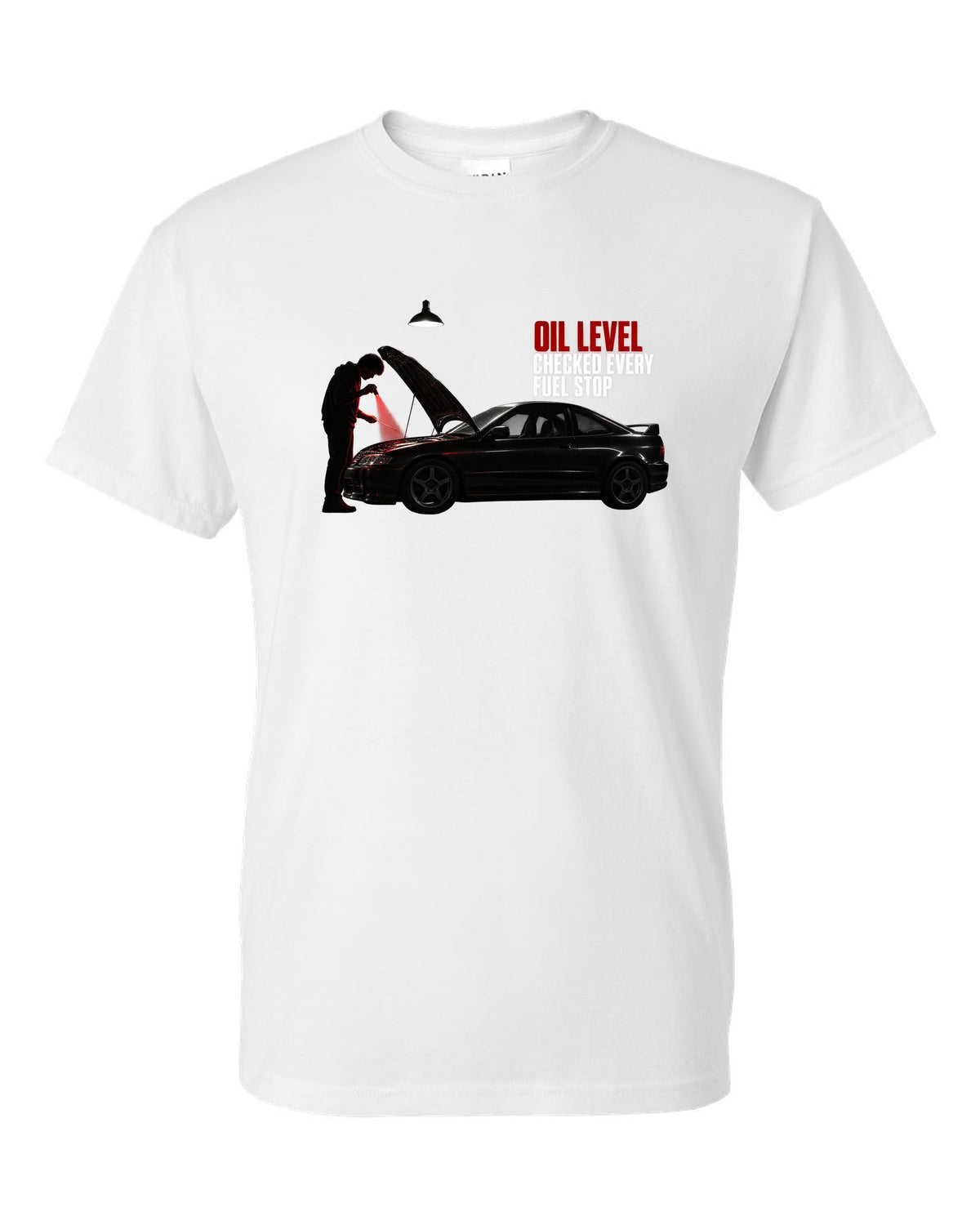 BMW E46 M3 coupe garage night print with oil level checked every fuel stop text white t-shirt front view with the design