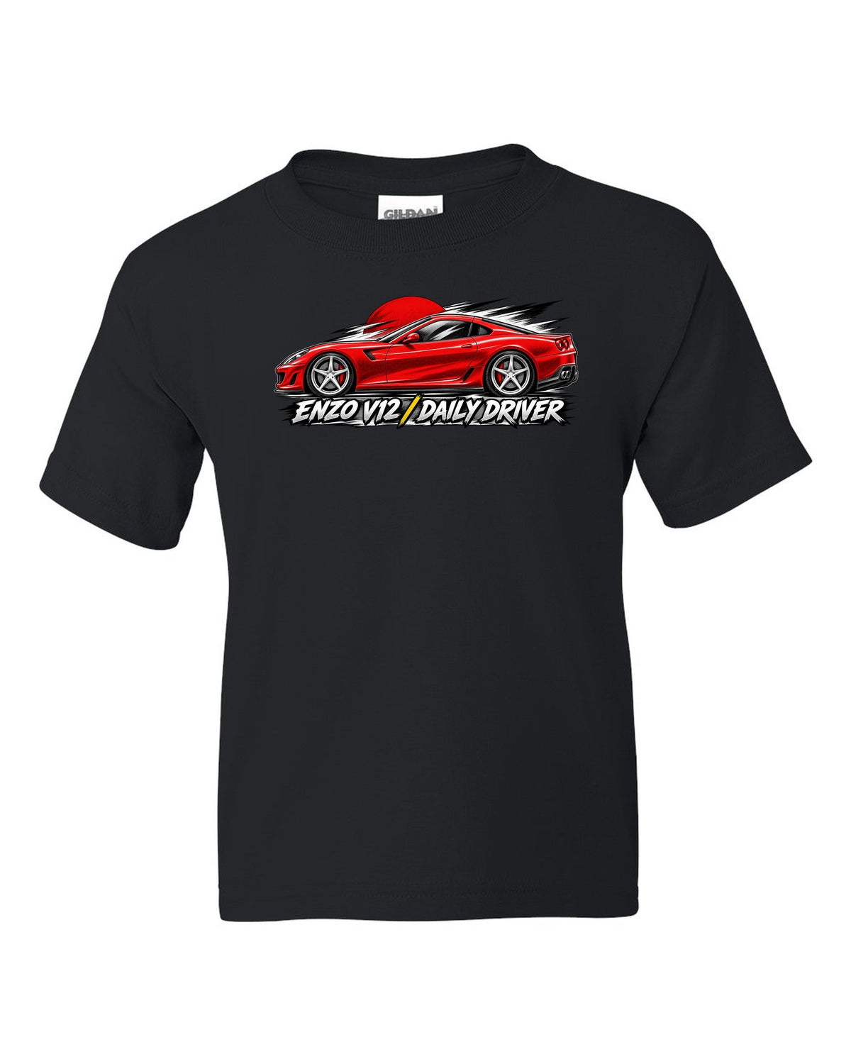 Retro manga halftone panel print of a Ferrari 599 GTB with Enzo V12 and Daily Driver lettering black kids tee front view with the design