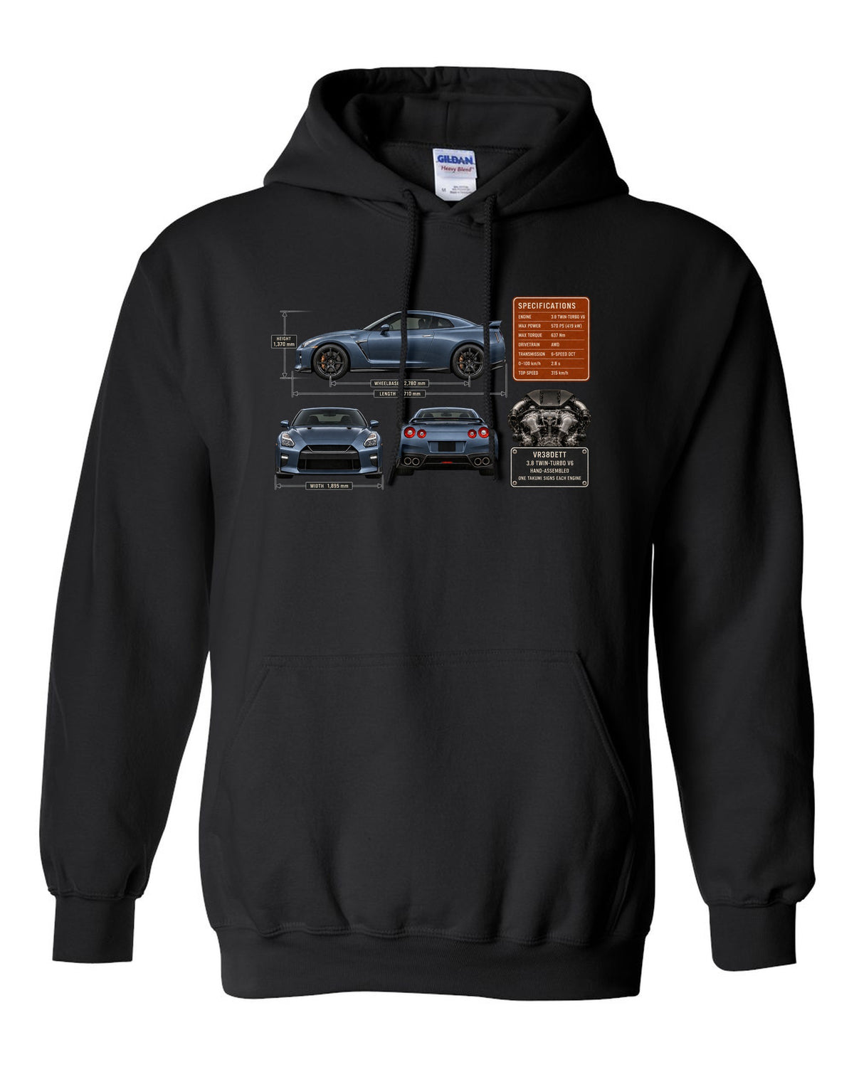print dimension blueprint of a Nissan GT-R R35 in steel blue black pull over hoodie front view with the design