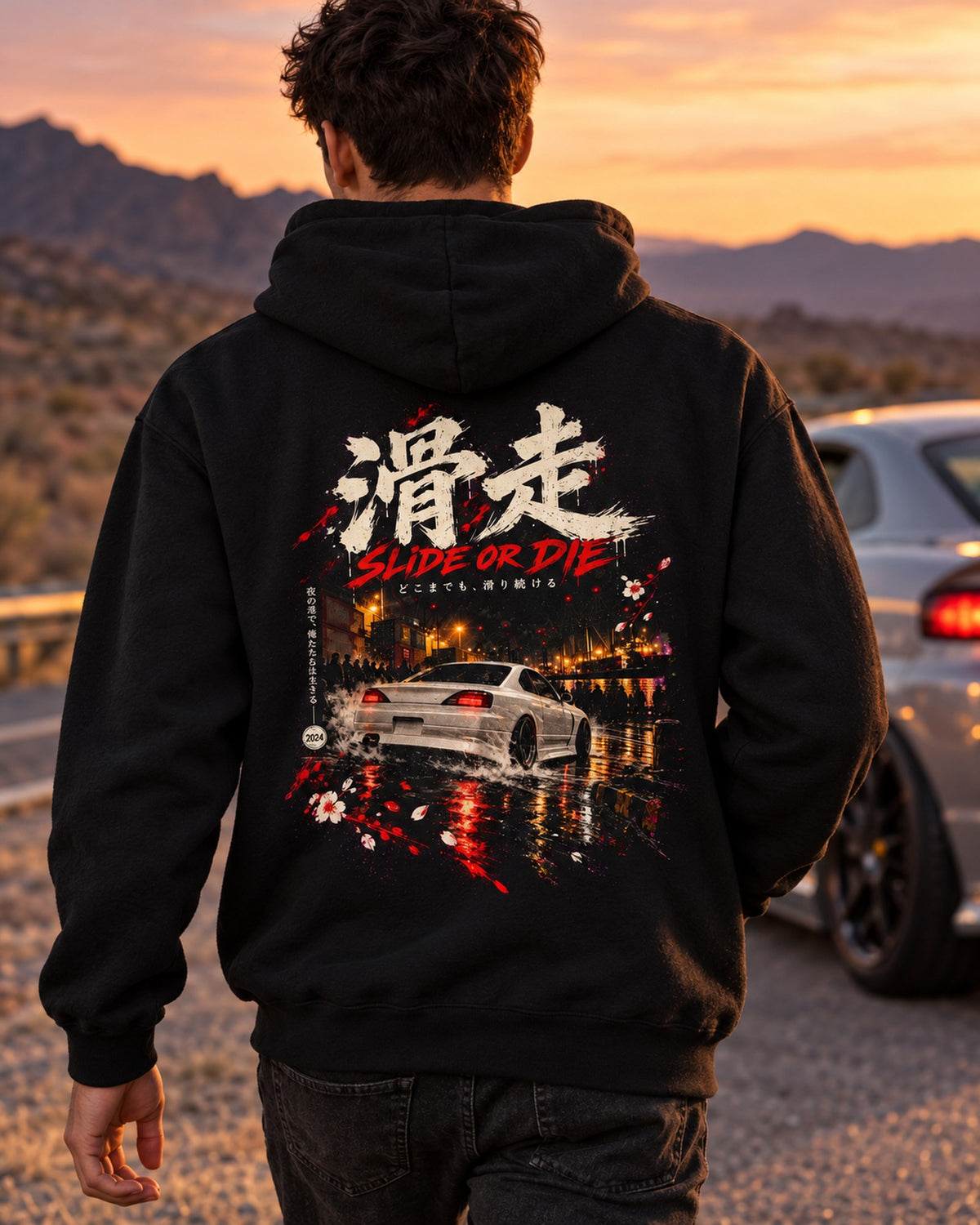 Nissan Silvia S15 Slide Or Die Shirt, Hoodie & More Pull Over Hoodie Black worn hero