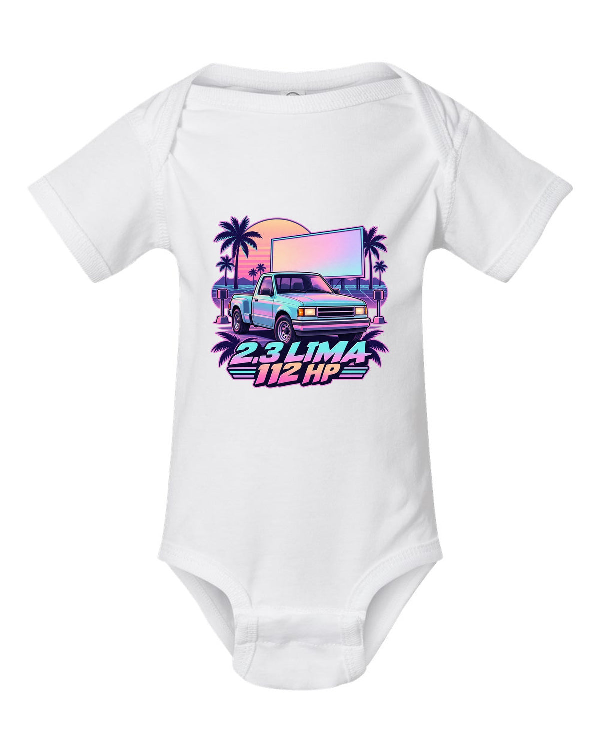 Ford Ranger 1995 stepside at a drive-in in a vaporwave pastel print white baby onesie front view with the design