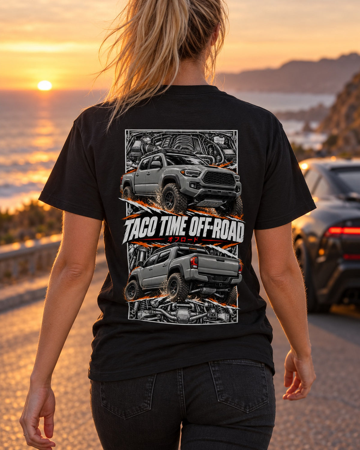 Toyota Tacoma TRD Torn Poster Full-Back Graphic Tee T-Shirt Black worn hero