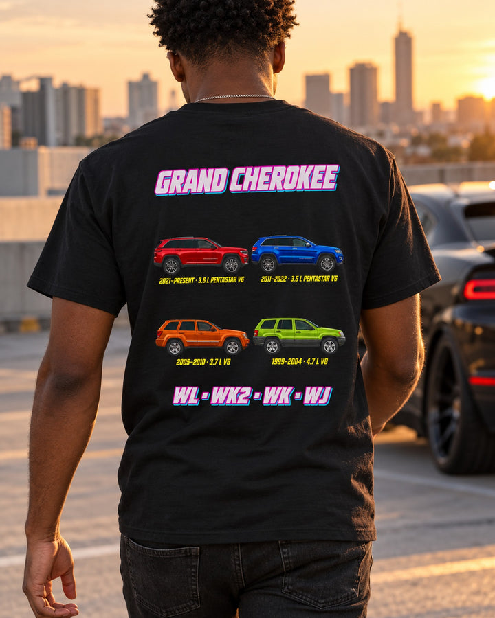 Jeep Grand Cherokee Evolution Poster Full-Back Graphic Tee T-Shirt Black worn hero