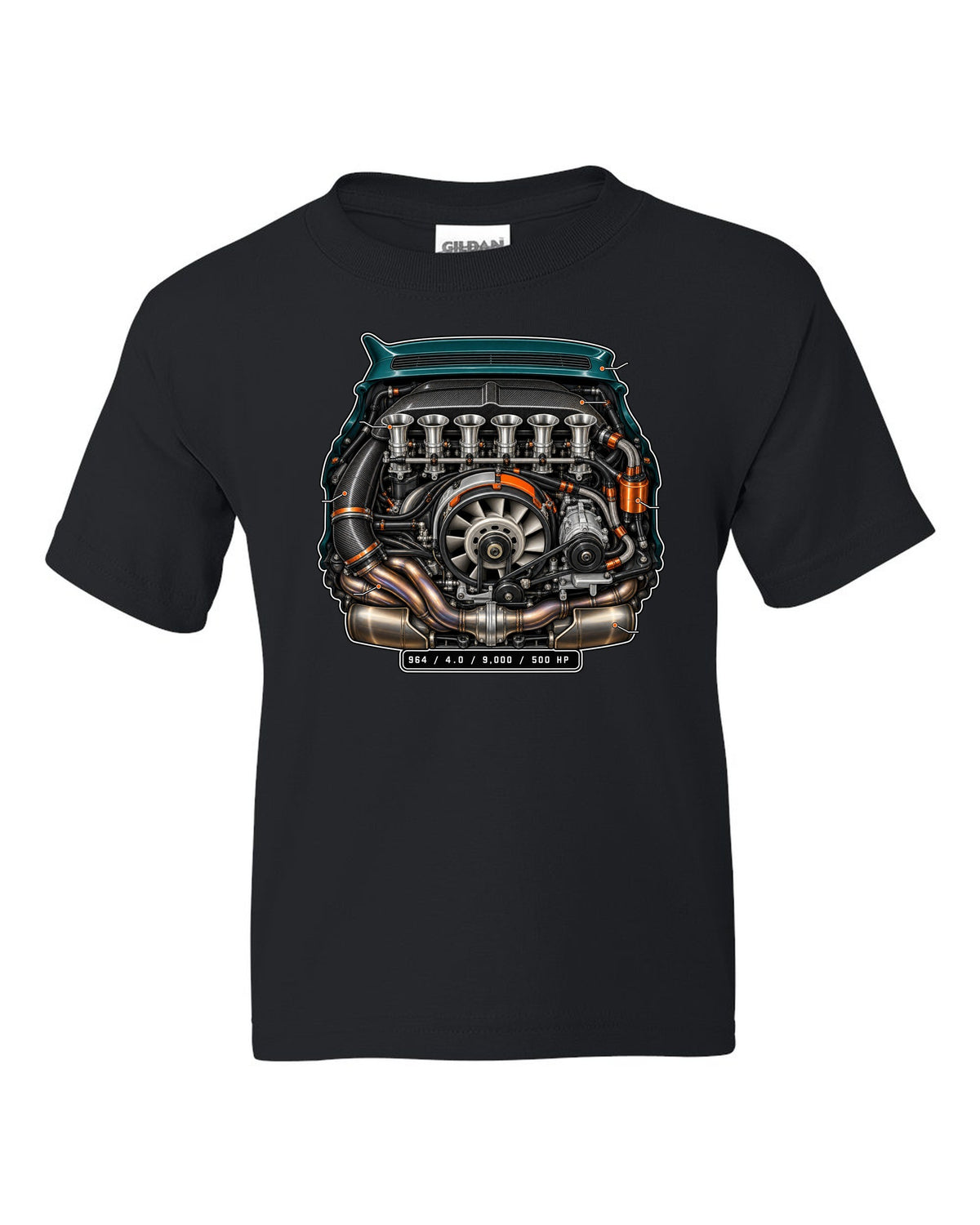 Porsche 911 SC 3.0 embroidery-style crest design reading head stud roulette black kids tee front view with the design