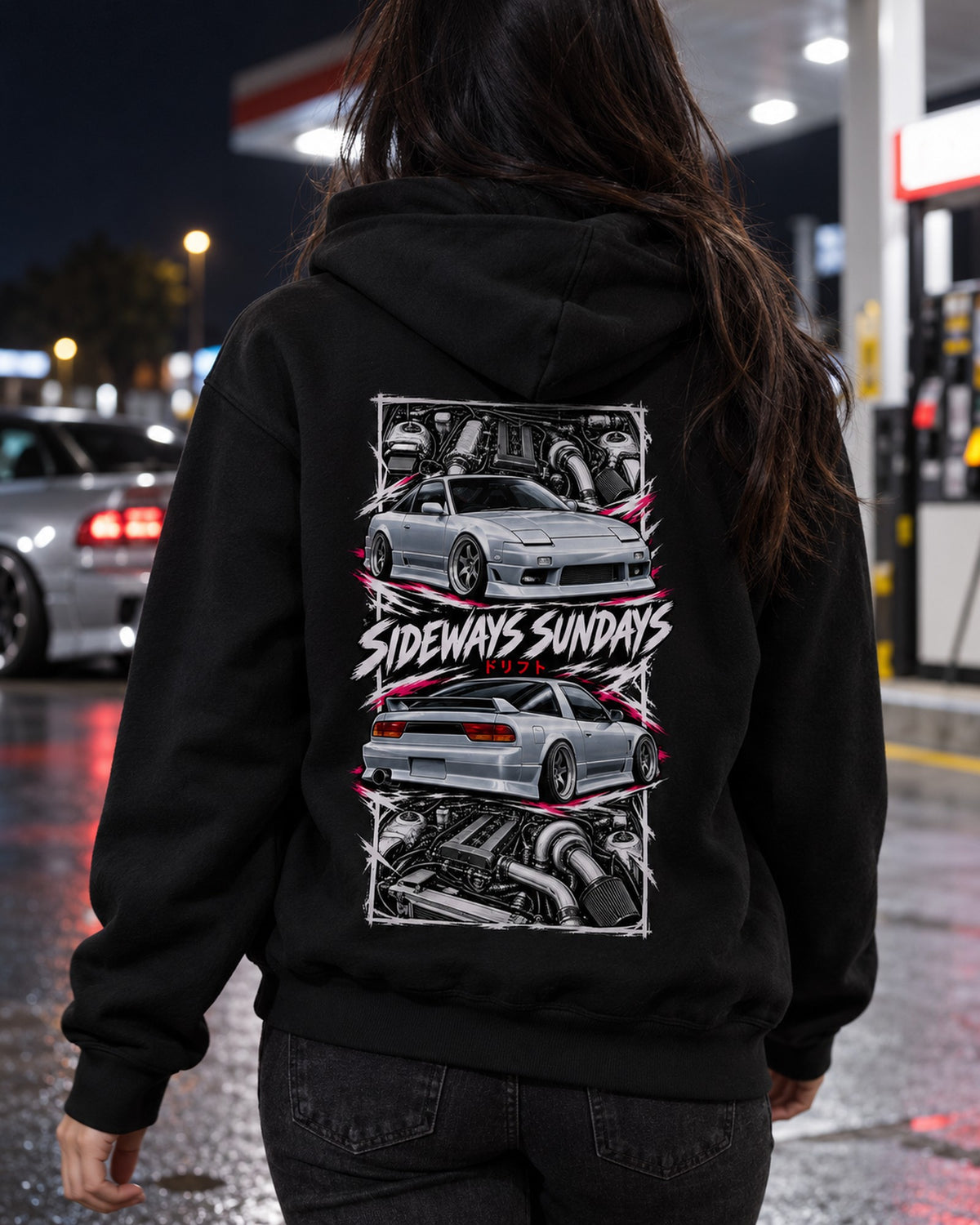 Nissan 180Sx S13 Torn Poster Full-Back Graphic Tee Pull Over Hoodie Black worn hero