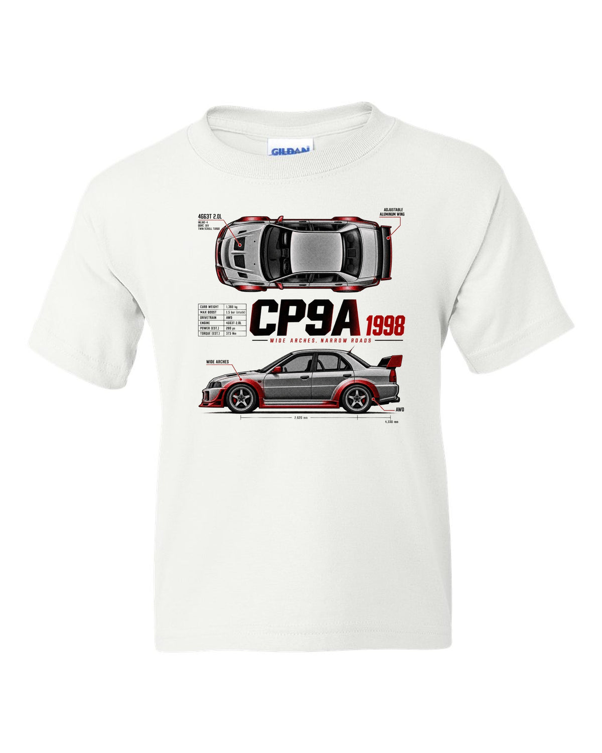 Spec poster print for the Mitsubishi Lancer Evolution V CP9A reading Wide Arches, Narrow Roads, 4G63T 2.0L, 1998 white kids tee front view with the design