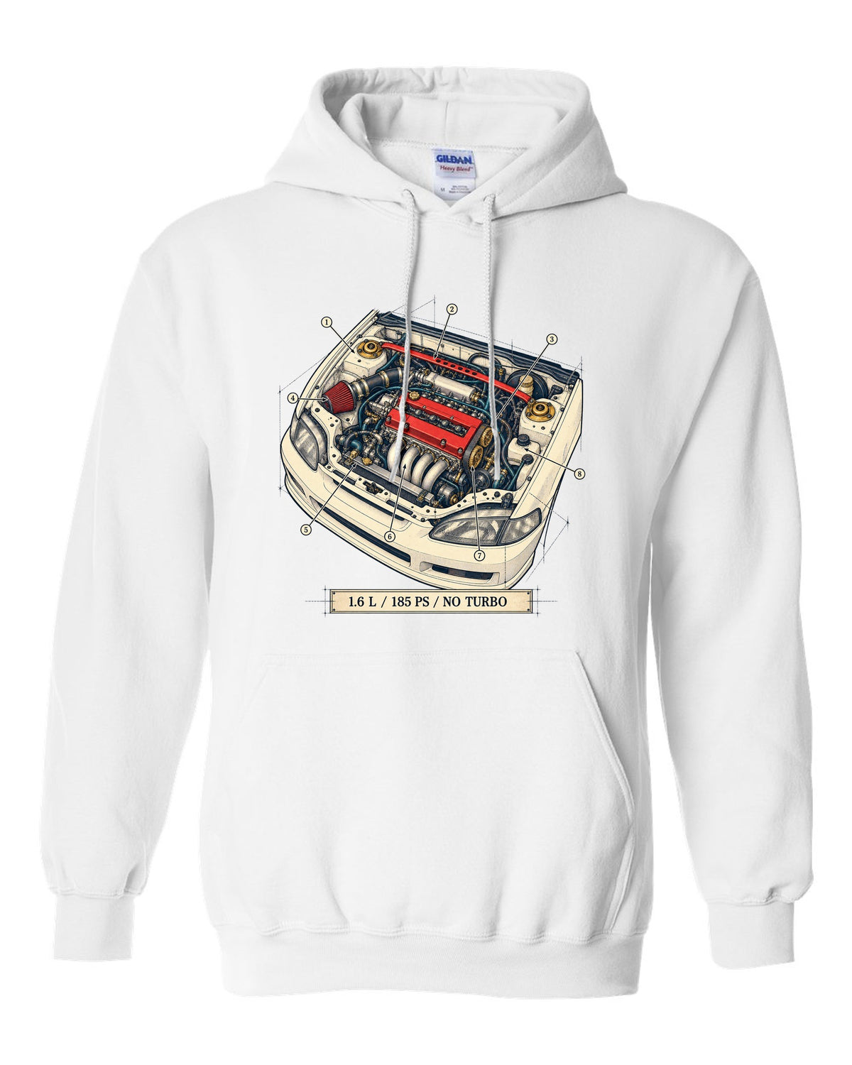 Patent drawing line art of the Honda Civic Type R EK9 with B16B spec text white pull over hoodie front view with the design