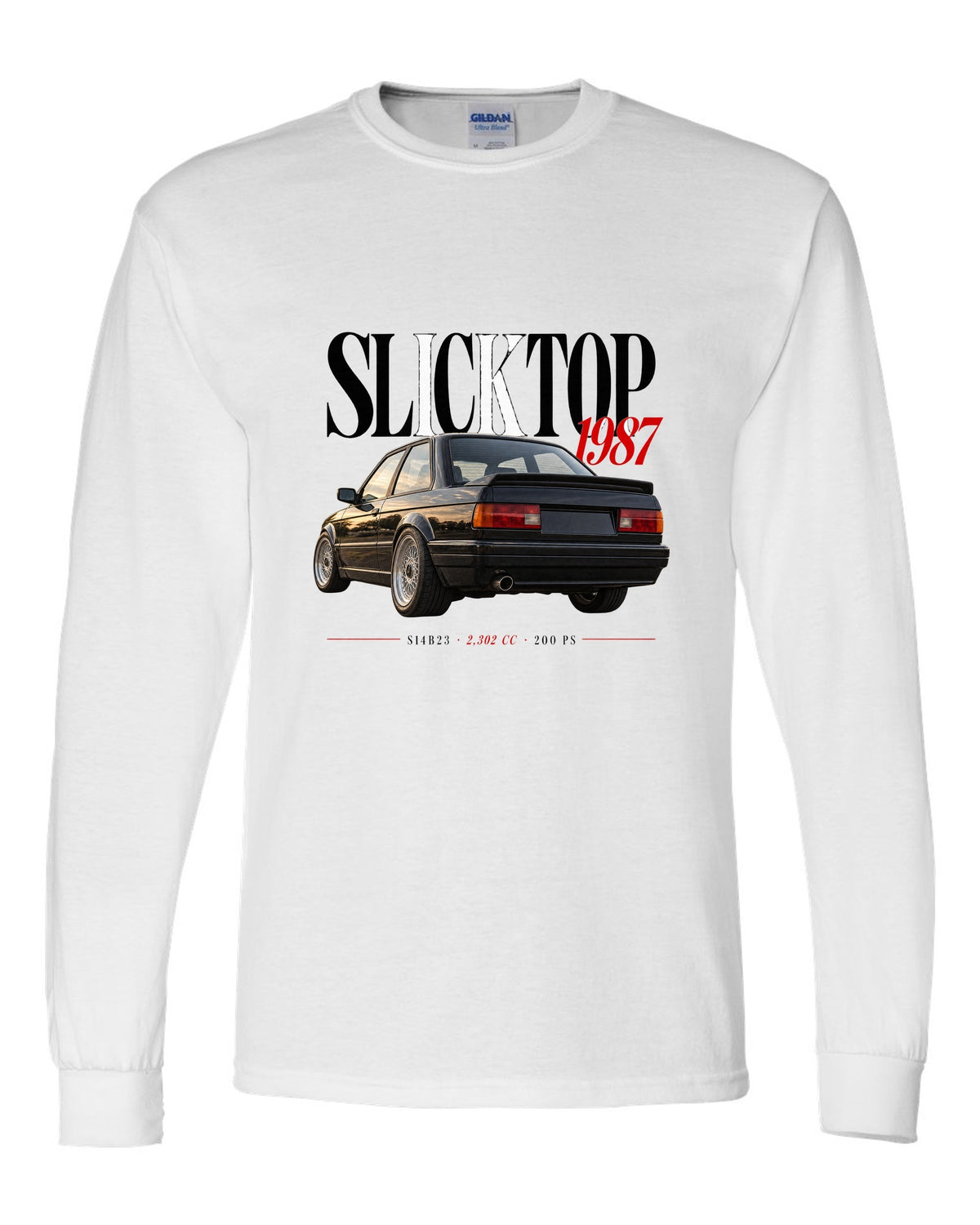 BMW E30 M3 Slicktop 1987 editorial headline print with S14B23 spec text white long sleeve front view with the design