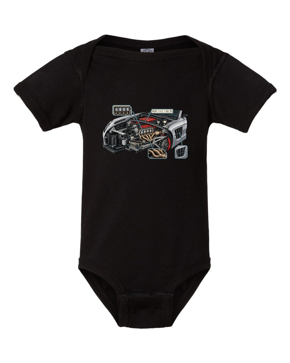 Technical blueprint line art of a Mercedes G-Class W463 with 2,850 mm note, print black baby onesie front view with the design