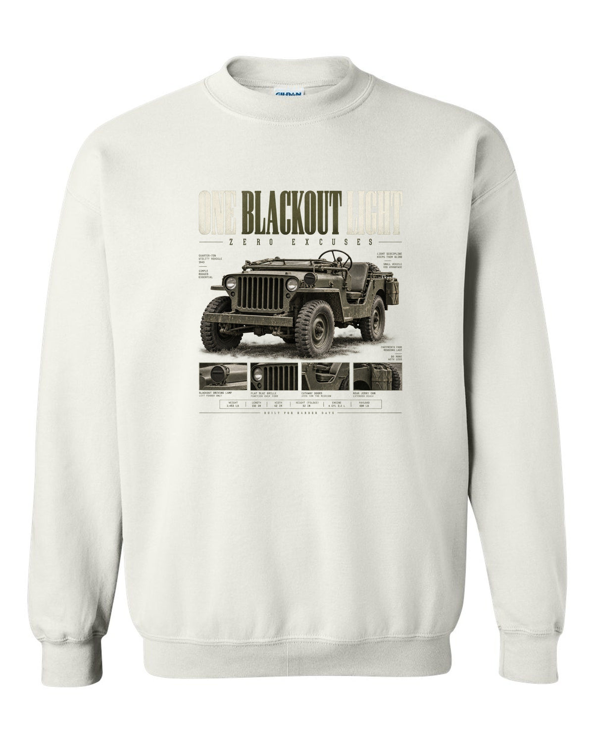 Editorial headline print for the Willys MB blackout light, 1941-1945 white crewneck front view with the design