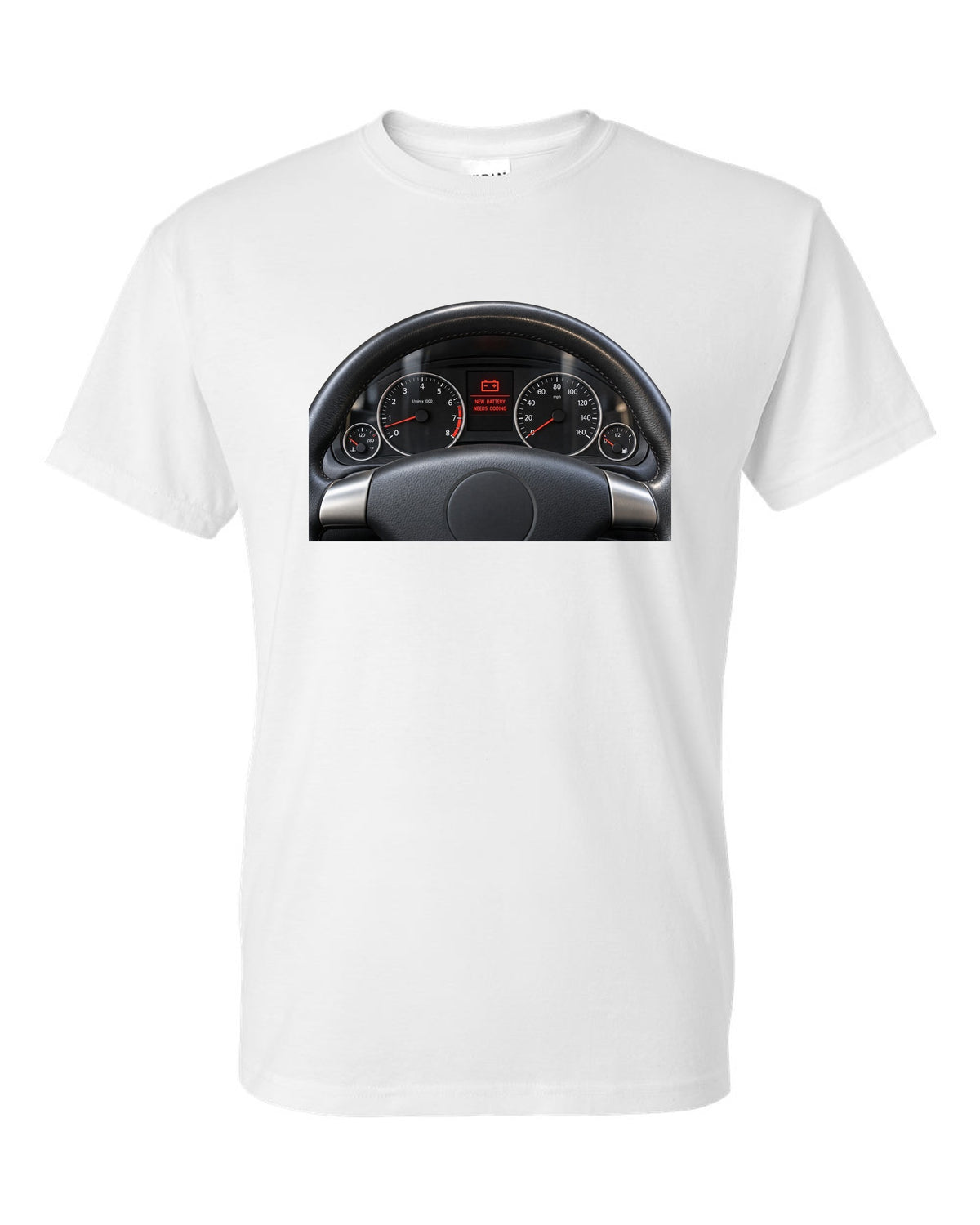 BMW E92 M3 cockpit gauge print with new battery needs coding text white t-shirt front view with the design