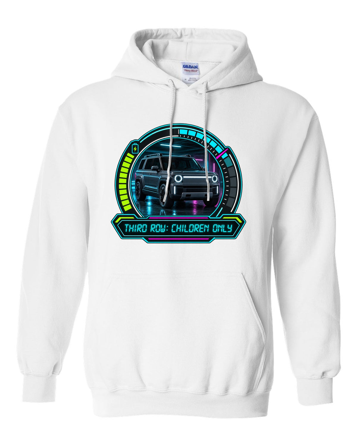 Rivian R1S dashboard gauge cluster HUD print with the text third row children only white pull over hoodie front view with the design