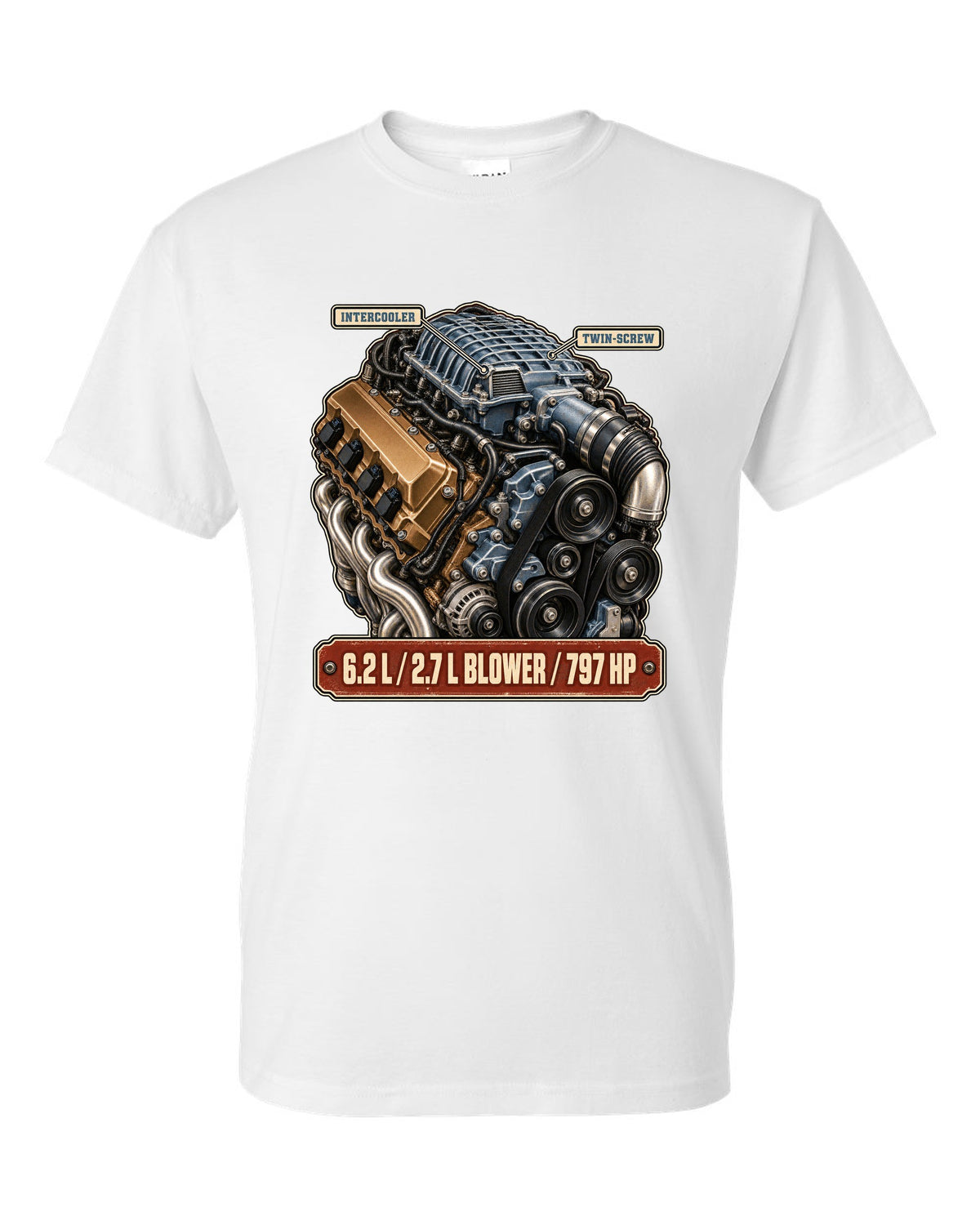 print of the supercharged 6.2L V8 from a Dodge Charger SRT Hellcat Redeye white t-shirt front view with the design
