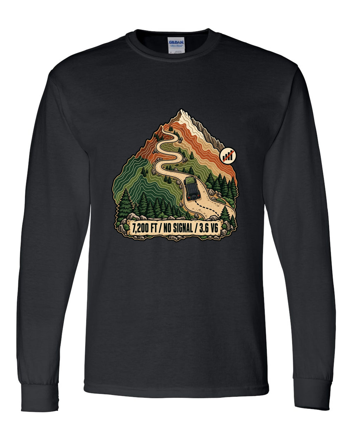 Topographic route map illustration of mountain switchbacks for a Jeep Wrangler JK with 7,200 FT NO SIGNAL 3.6 V6 lettering black long sleeve front view with the design