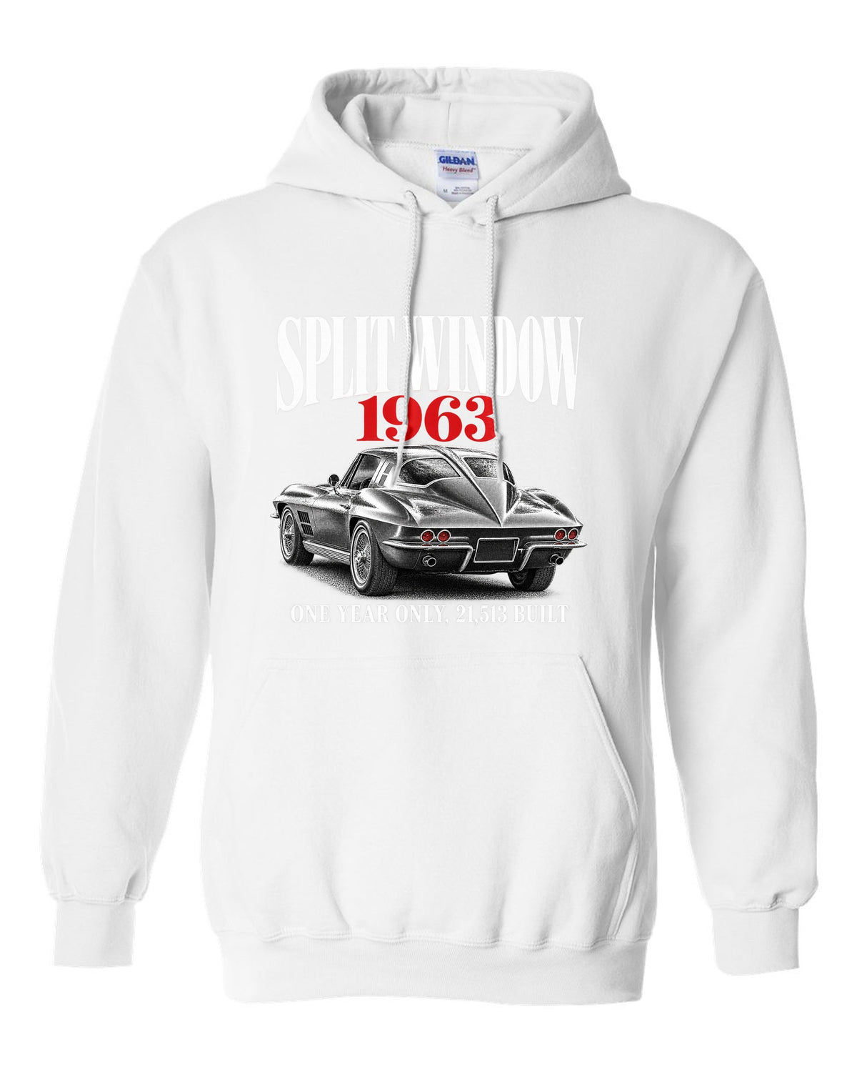 Chevrolet Corvette C2 Sting Ray 1963 split-window coupe editorial print white pull over hoodie front view with the design
