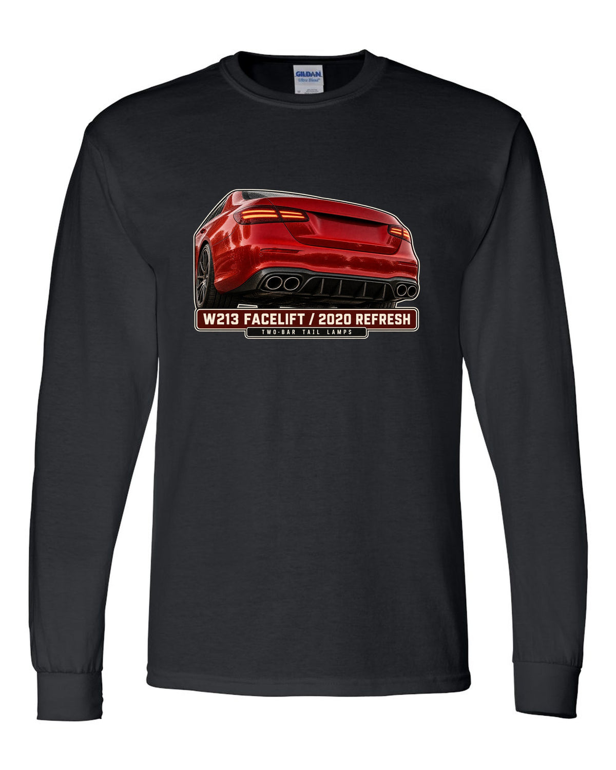 Tail lamp macro print of a red-orange Mercedes-AMG E63 S W213 facelift black long sleeve front view with the design