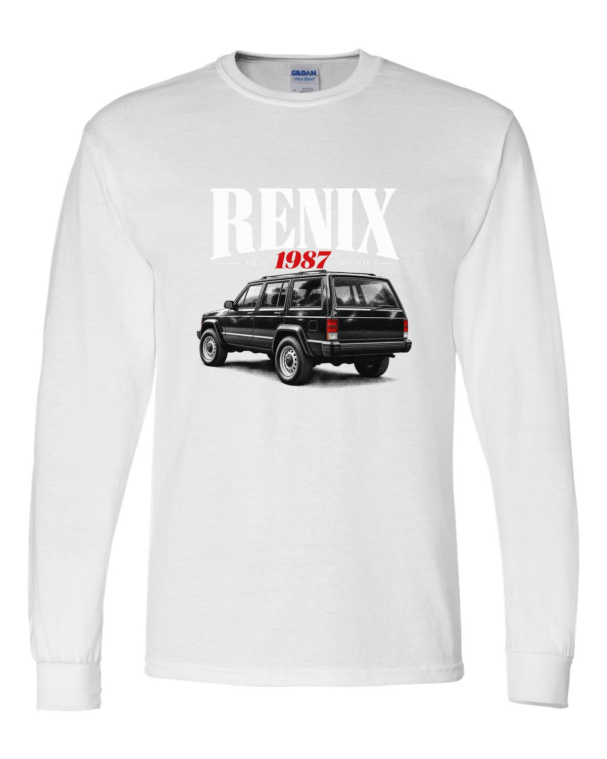 Jeep Cherokee XJ editorial headline print about the 1987 Renix 4.0 I6 white long sleeve front view with the design