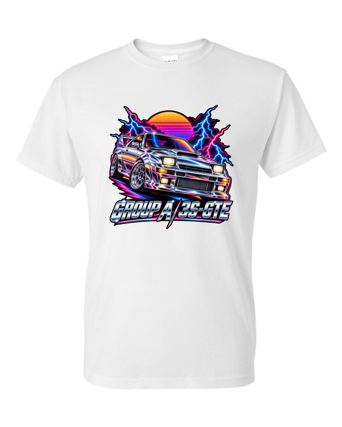 80s airbrush chrome illustration of a Toyota Celica GT-Four ST185 with Group A 3S-GTE lettering white t-shirt front view with the design