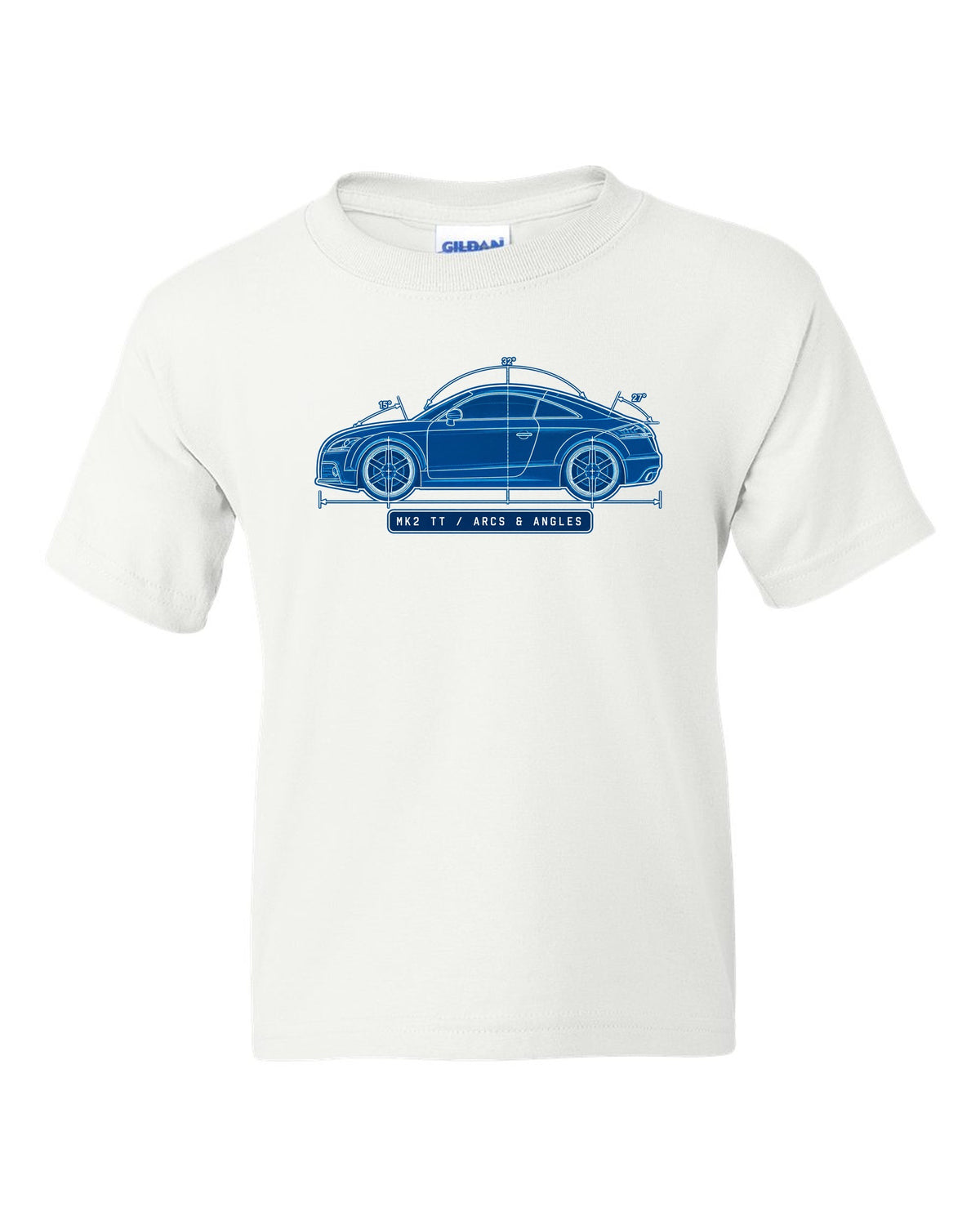Cyanotype negative blueprint print of an Audi TT 8J coupe with Mk2 TT text white kids tee front view with the design