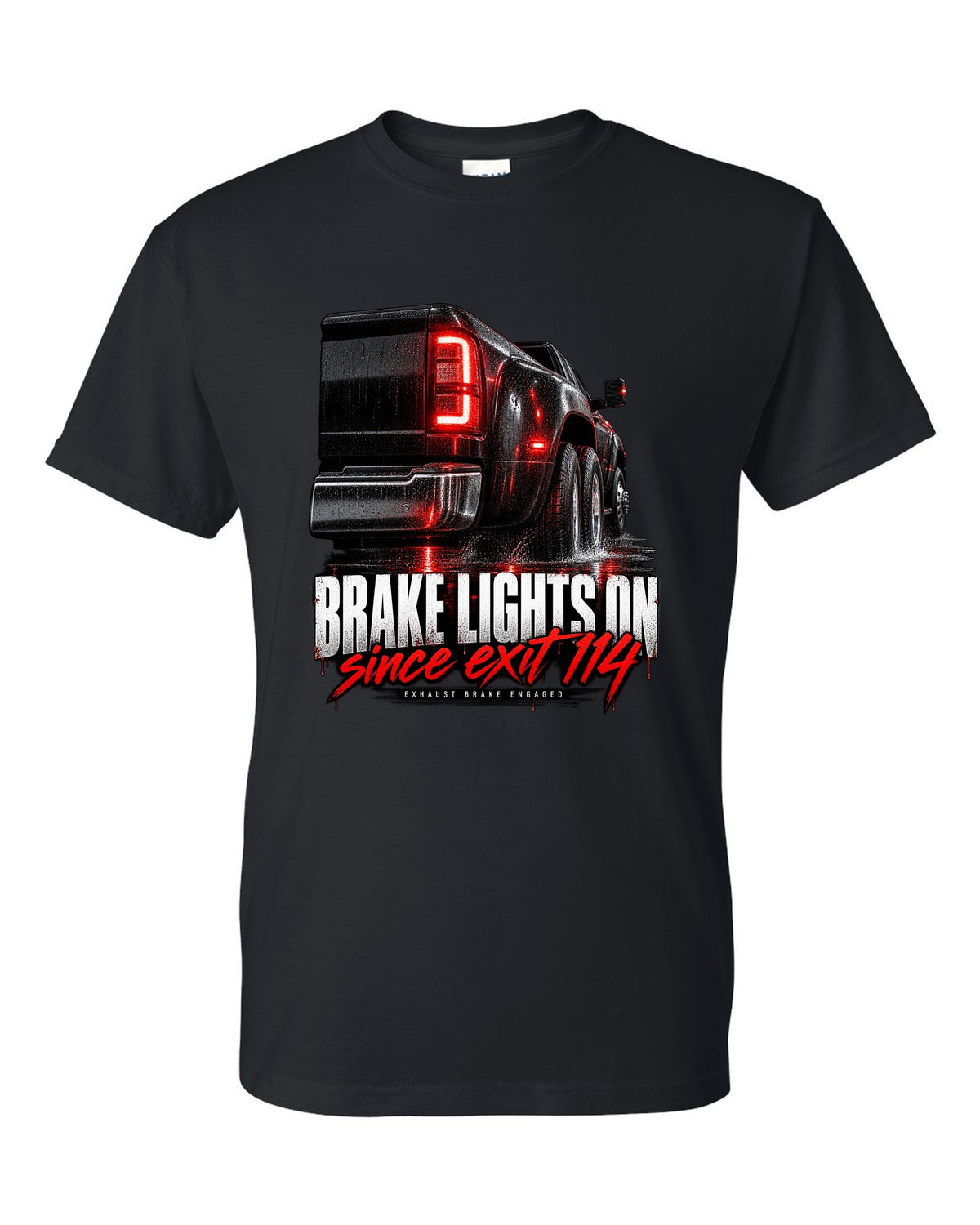 Taillight macro print of a 2019-2024 Ram HD 3500 dually with brake lights lit black t-shirt front view with the design