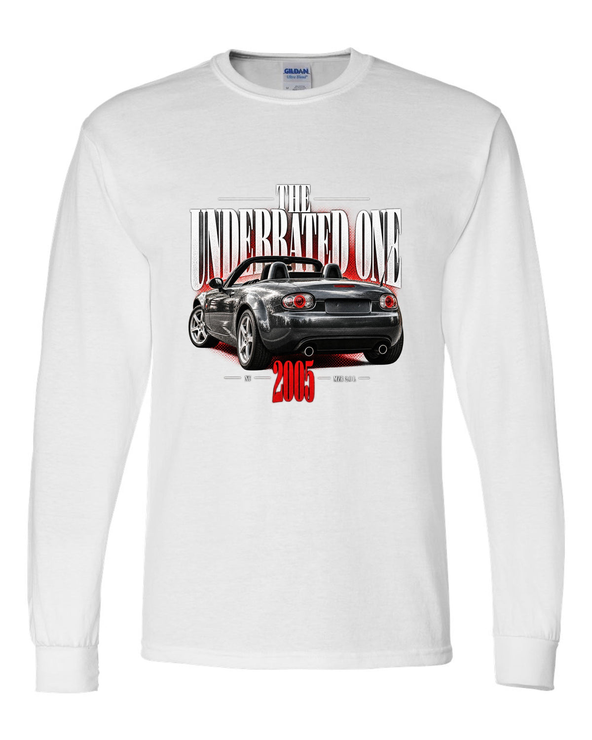 Editorial headline print of a Mazda MX-5 NC with underrated generation lettering white long sleeve front view with the design