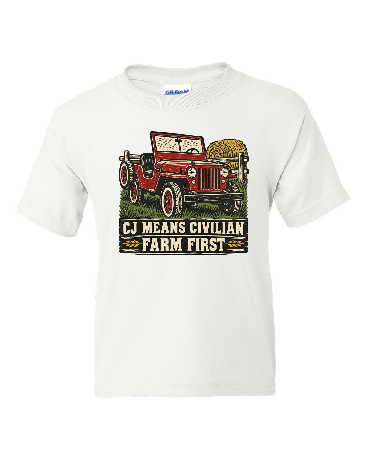 Linocut-style print of a Jeep CJ-2A with civilian farm text white kids tee front view with the design