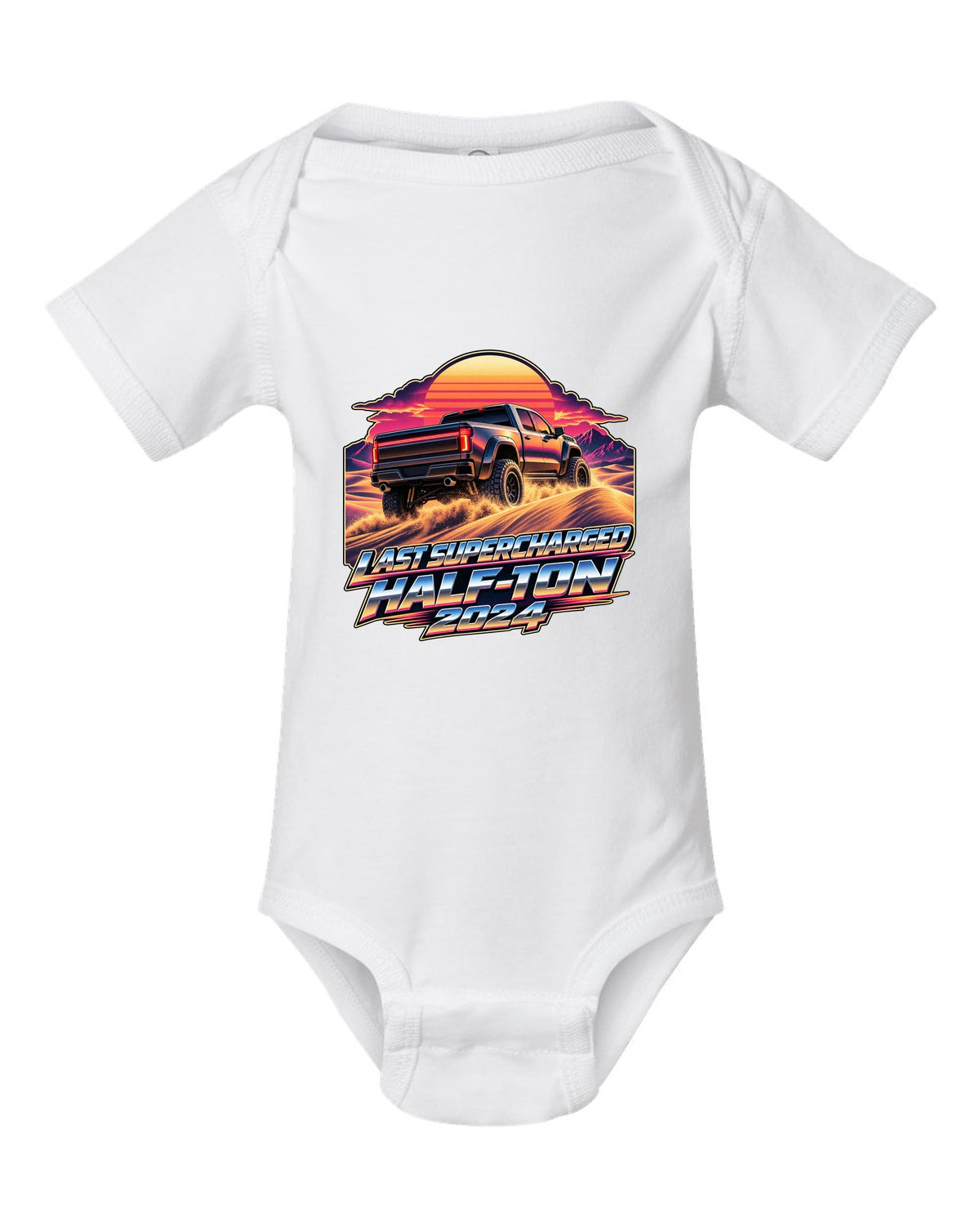 Retro 80s sunset print of a Ram 1500 TRX Final Edition on dunes white baby onesie front view with the design