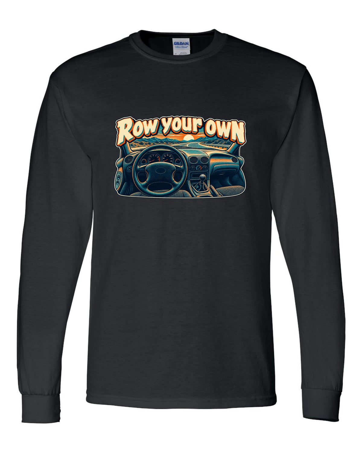 Risograph halftone Ford Mustang SN95 with the words Row your own black long sleeve front view with the design