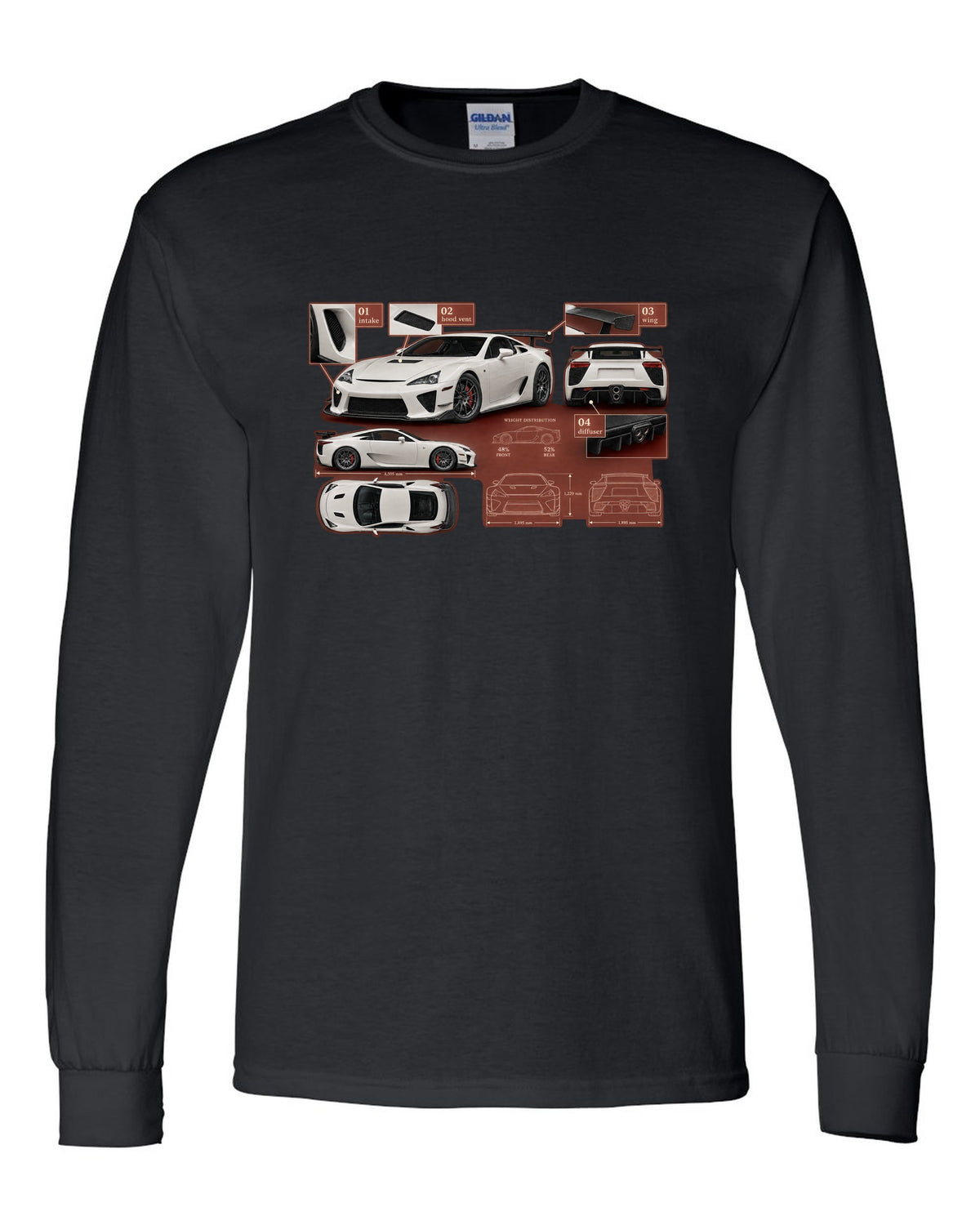 Aero callout diagram of the 2020 Lexus RC F Track Edition black long sleeve front view with the design