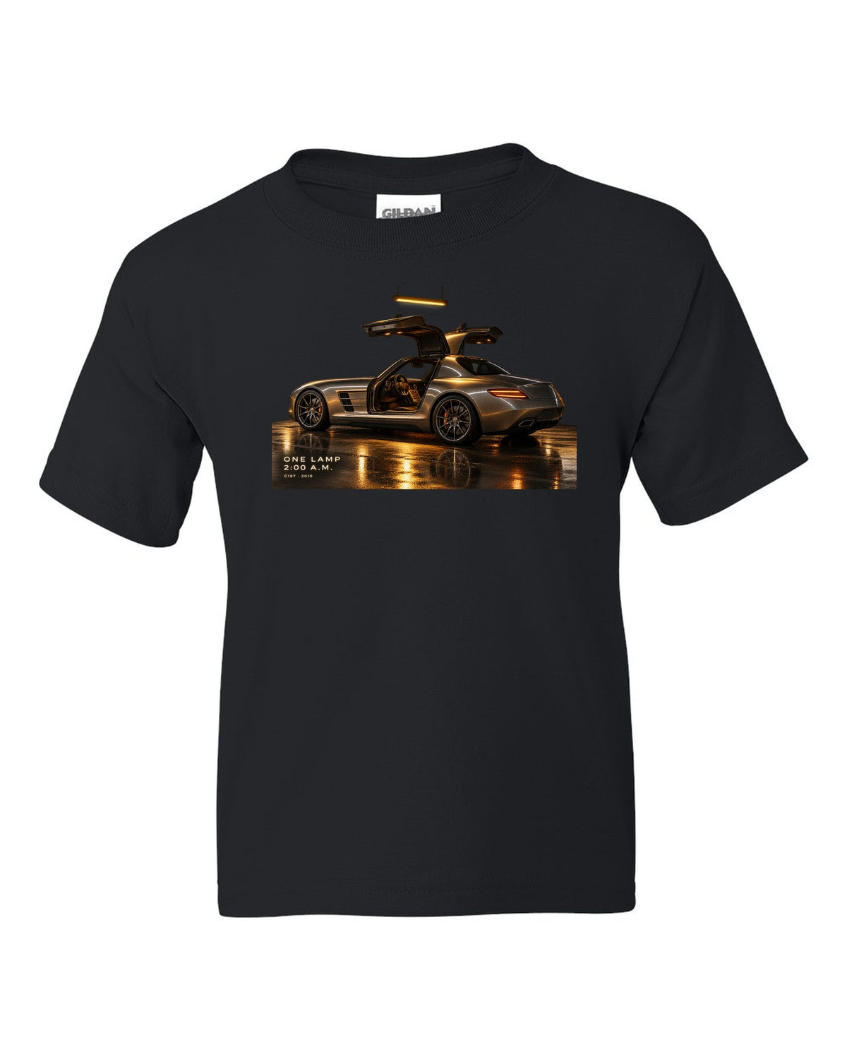 Garage night print of a Mercedes SLS AMG C197 under one lamp with 2:00 A.M. lettering black kids tee front view with the design