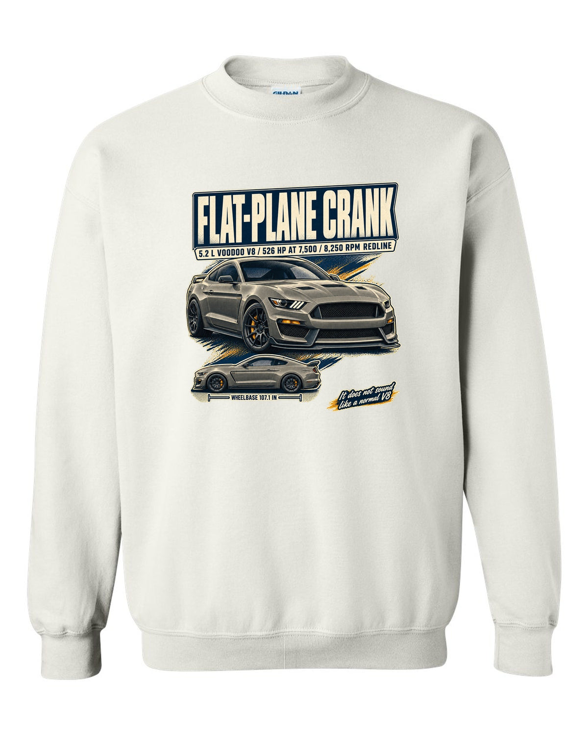 Ford Mustang S550 Shelby GT350 editorial headline print about the flat-plane crank V8 white crewneck front view with the design