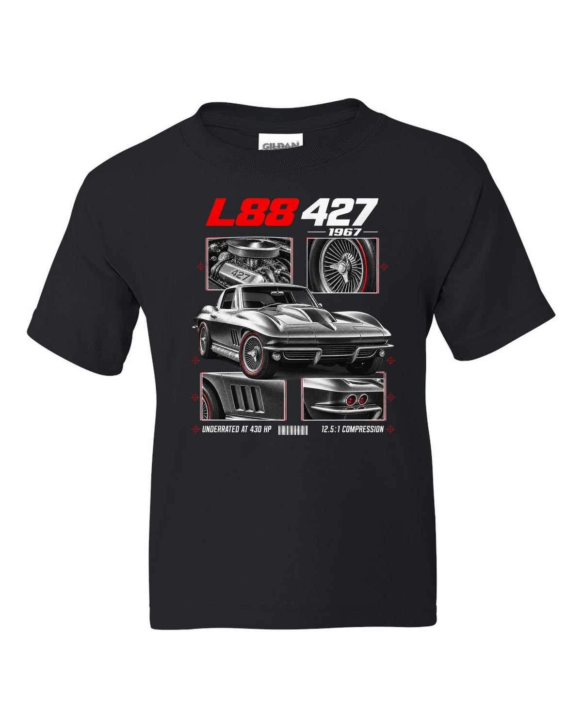Chevrolet Corvette C2 Sting Ray 1967 L88 427 dossier print black kids tee front view with the design