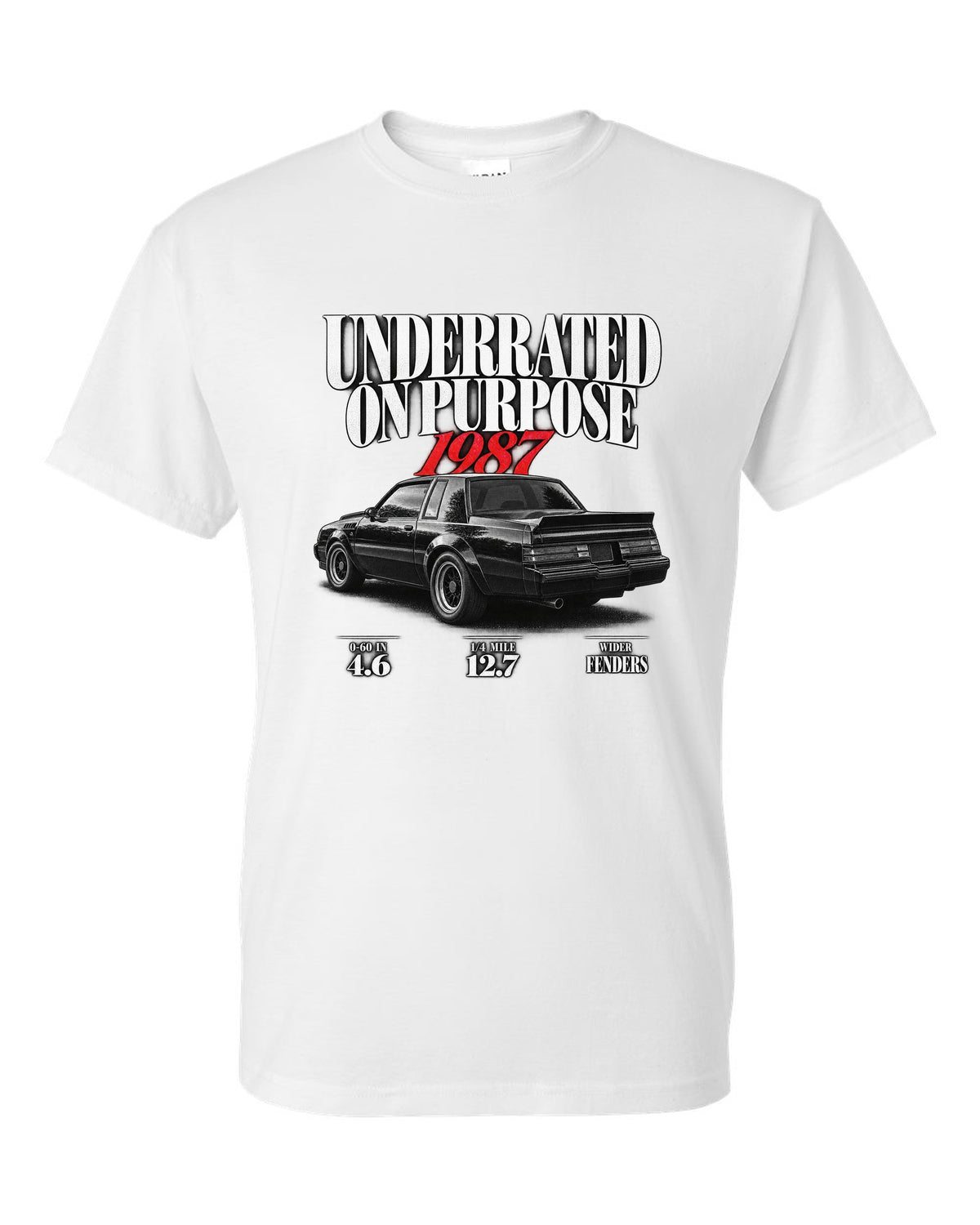 1987 Buick GNX editorial headline print with performance figures white t-shirt front view with the design