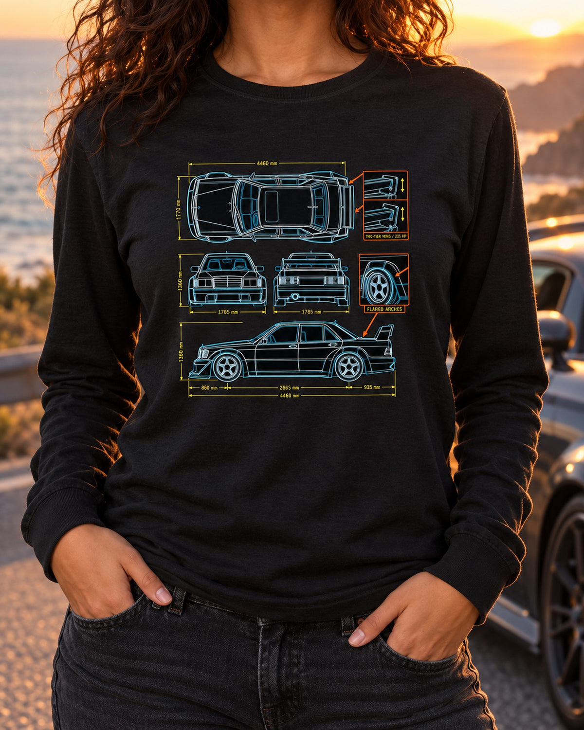 Mercedes 190E Evo II W201 Top-Down Blueprint Shirt, 235 HP Long Sleeve Black worn hero