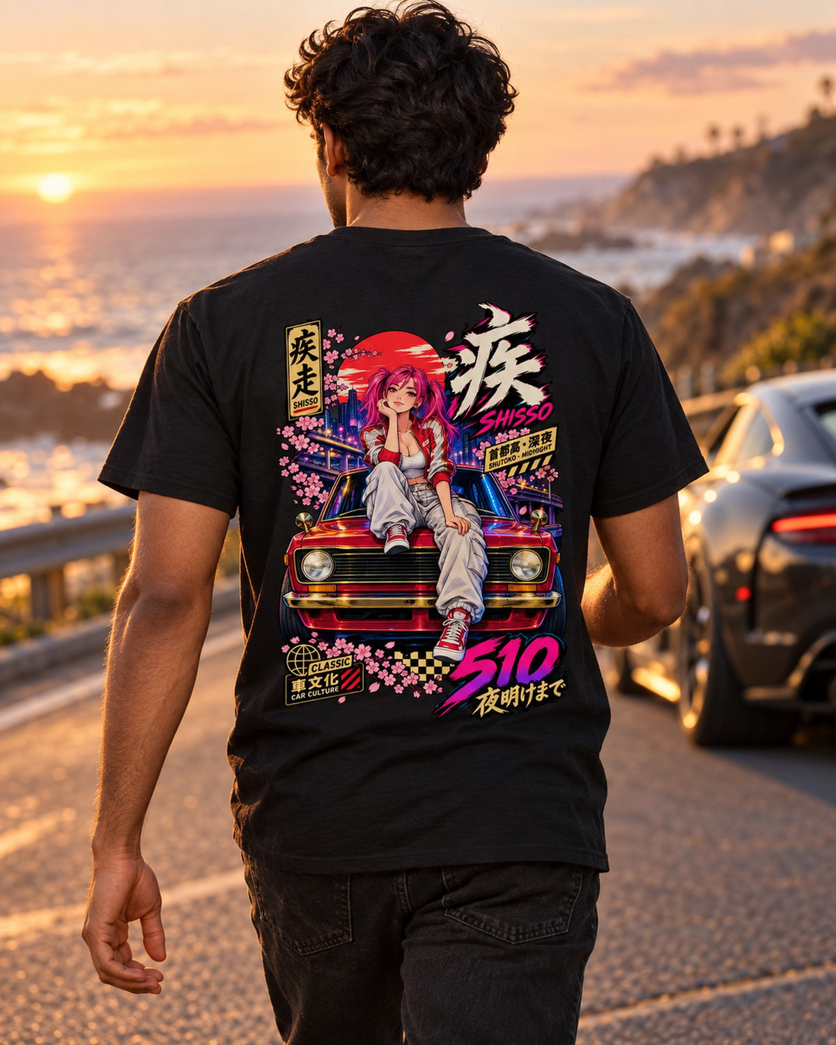 SHISSO 510 Anime Girl Full-Back Graphic Tee T-Shirt Black worn hero