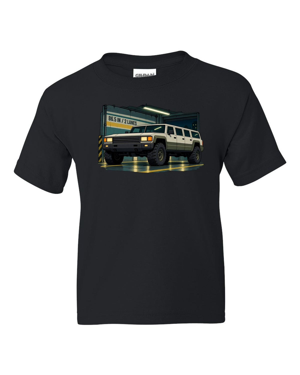 Cel-shaded 90s anime style Hummer H1 in a garage with 86.5 IN and 2 LANES text black kids tee front view with the design