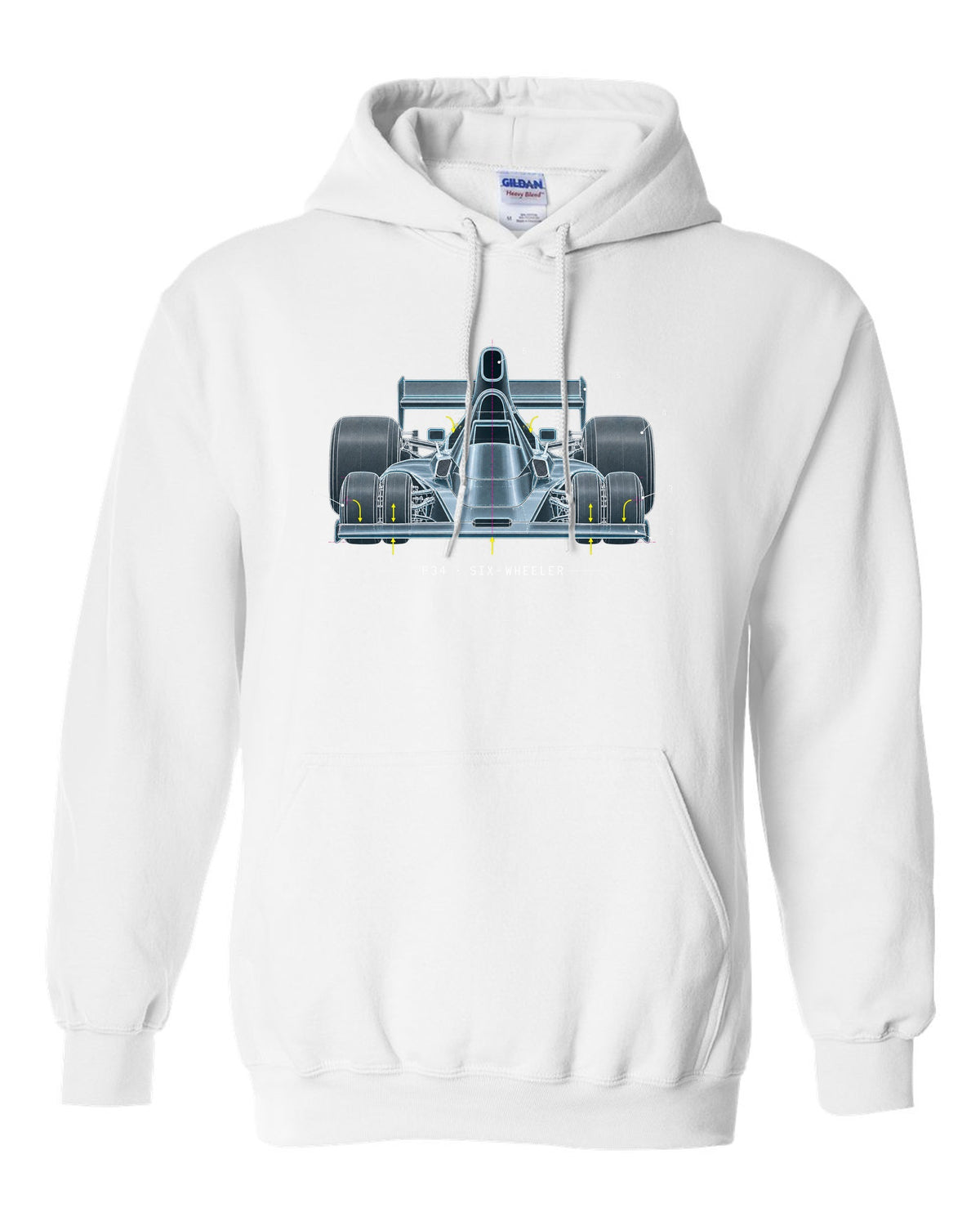 Blueprint patent-style drawing of the Tyrrell P34 six-wheeler white pull over hoodie front view with the design