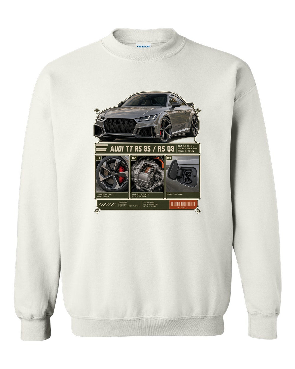 Audi RS e-tron GT dossier panels with wheel, motor and charge port print design white crewneck front view with the design