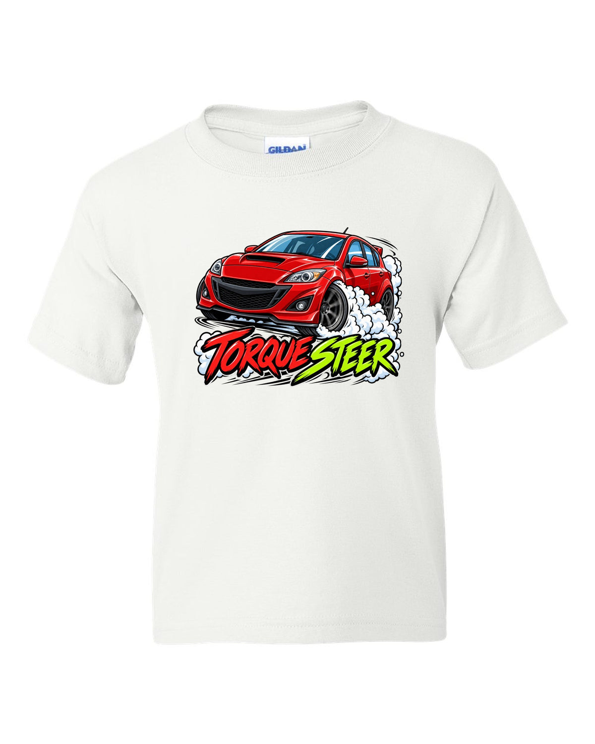 Double-exposure vector design of the Mazdaspeed Miata NB turbo with NB / 178 HP lettering white kids tee front view with the design