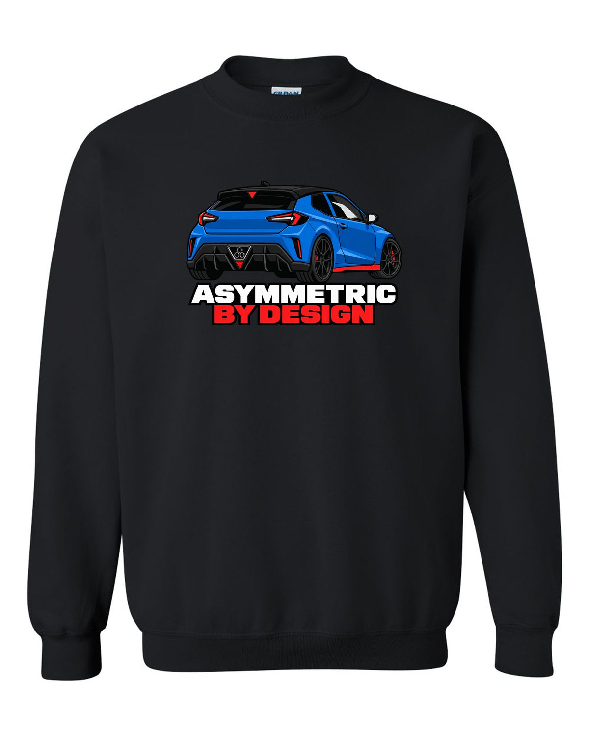 Hyundai Veloster N JS flat vector rear three-quarter print with asymmetric by design text black crewneck front view with the design
