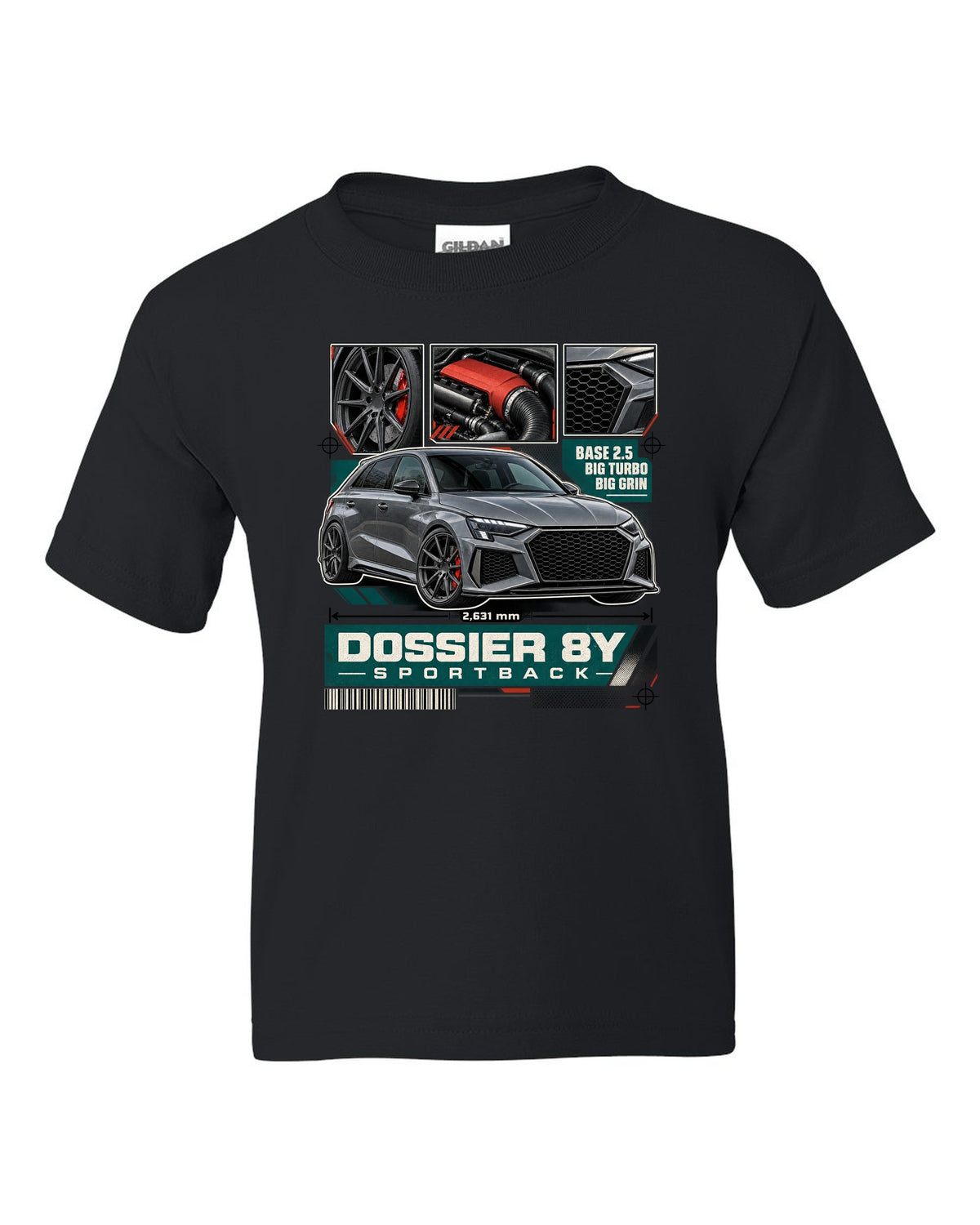 Three-panel dossier of an Audi RS3 8Y Sportback pre-facelift black kids tee front view with the design