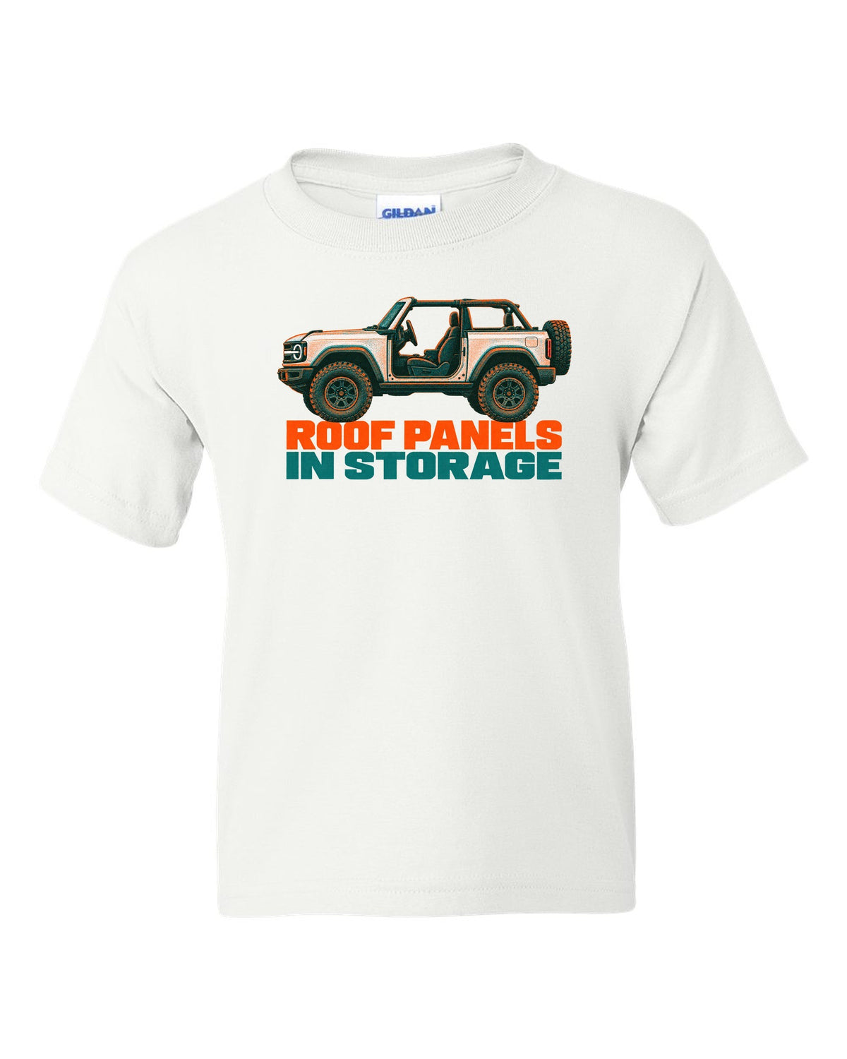 Risograph two-colour print of the Ford Bronco two-door U725 with roof panels in storage text white kids tee front view with the design