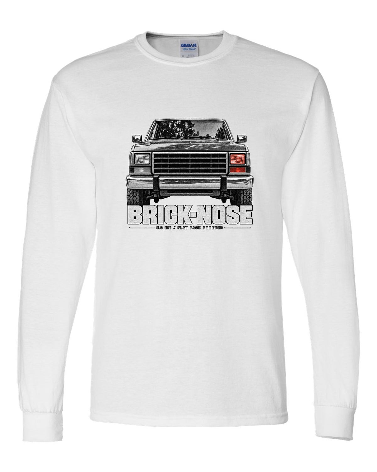 Ford Bronco Brick-Nose 1987-91 taillight macro print with 5.0 EFI text white long sleeve front view with the design