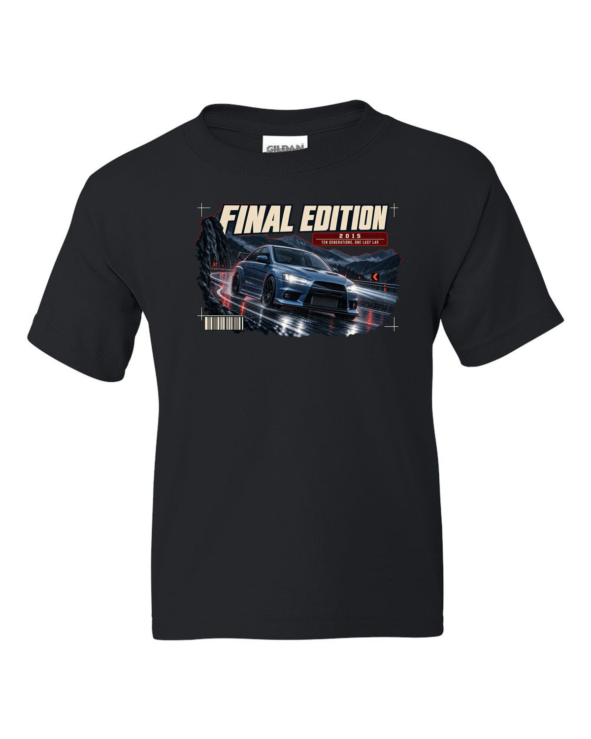 Mitsubishi Lancer Evolution X Final Edition low front three-quarter at night print black kids tee front view with the design