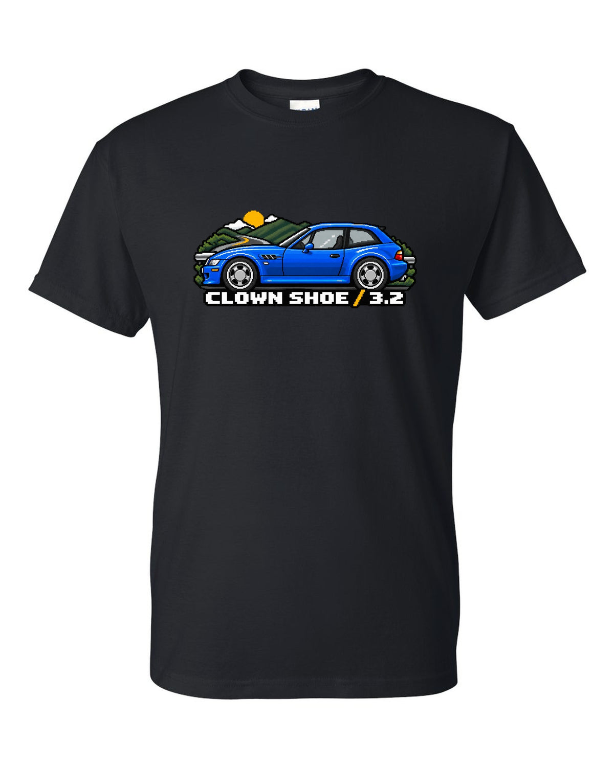 BMW Z4 M Coupe E86 coast road sunset watercolour print with S54 text black t-shirt front view with the design