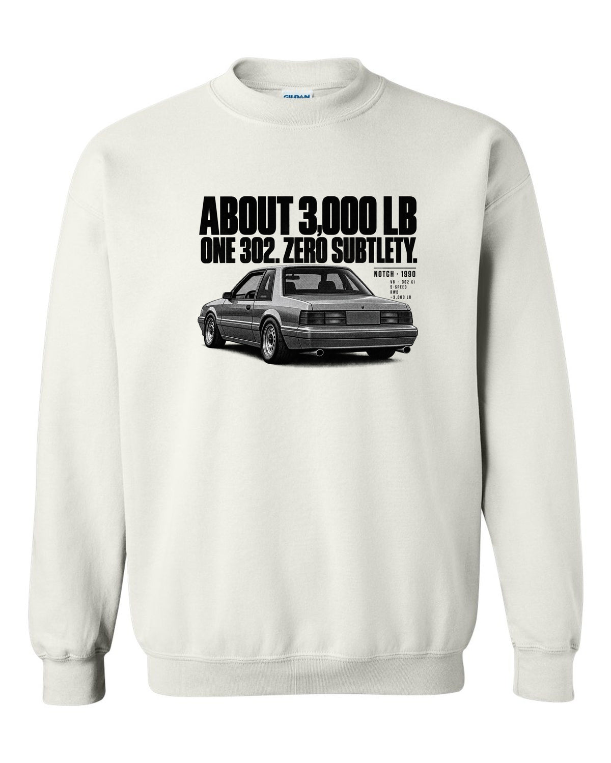 Halftone print of a 1990 Ford Mustang Fox Body LX notchback with spec lines white crewneck front view with the design
